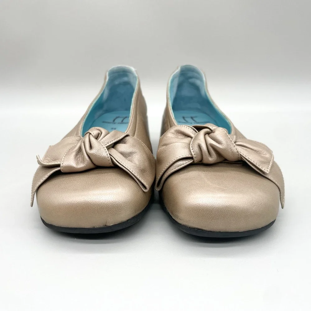 Thierry Rabotin Womens 39 9 Ballerina Bow Square Toe Metallic Champagne Wedge